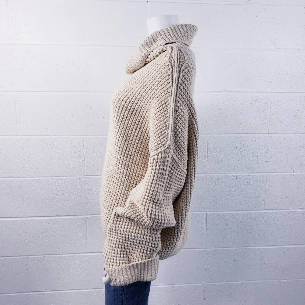 Free People Park City Pullover Sweater Chunky Knit‎ Turtleneck Ivory Size Large
